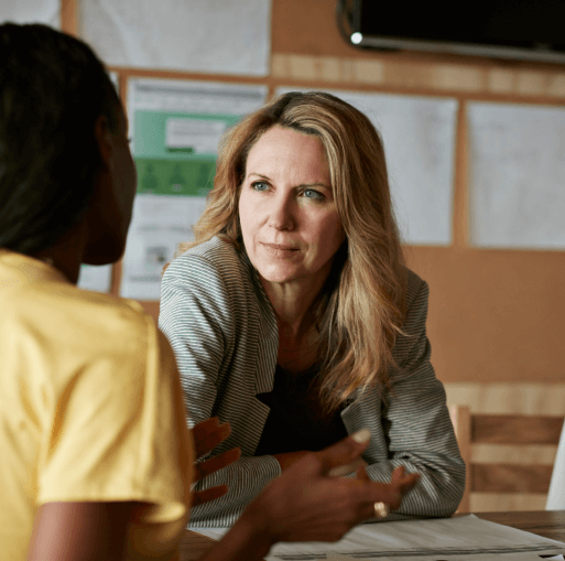 Woman listening intently to someone speaking to her